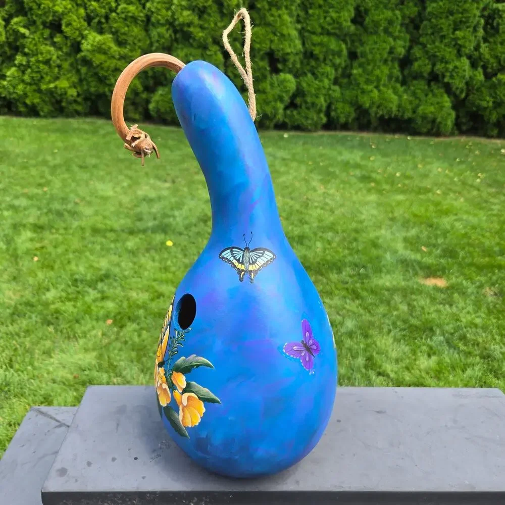 Handpainted Butterfly Hanging Gourd Birdhouse Blue Yellow Green Purple 16